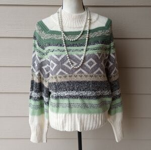 89th & Madison Green Gray White Striped Fair Isle Geometric Knitted Sweater